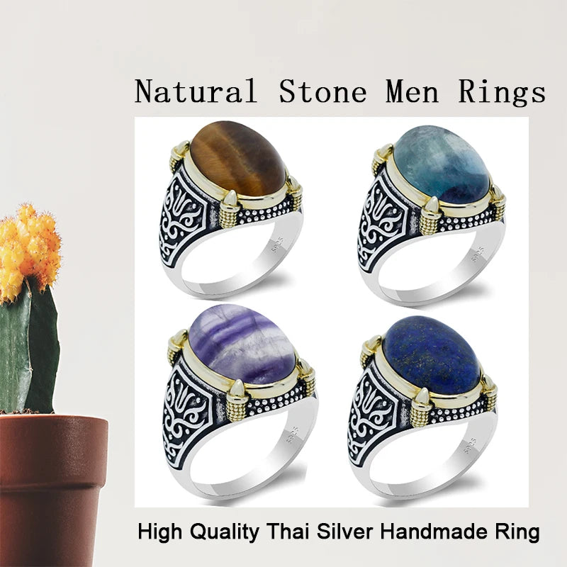 Real Natural Stone Ring Pure 925 Sterling Silver Ring For Men With Agate Stone Thai Silver Gear CZ Stone Turkish Party Jewelry