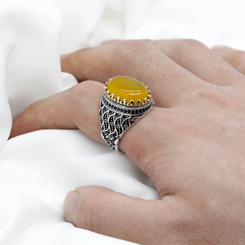 New product hot sale 925 sterling silver ring men's yellow agate ring unisex ring men's high jewelry