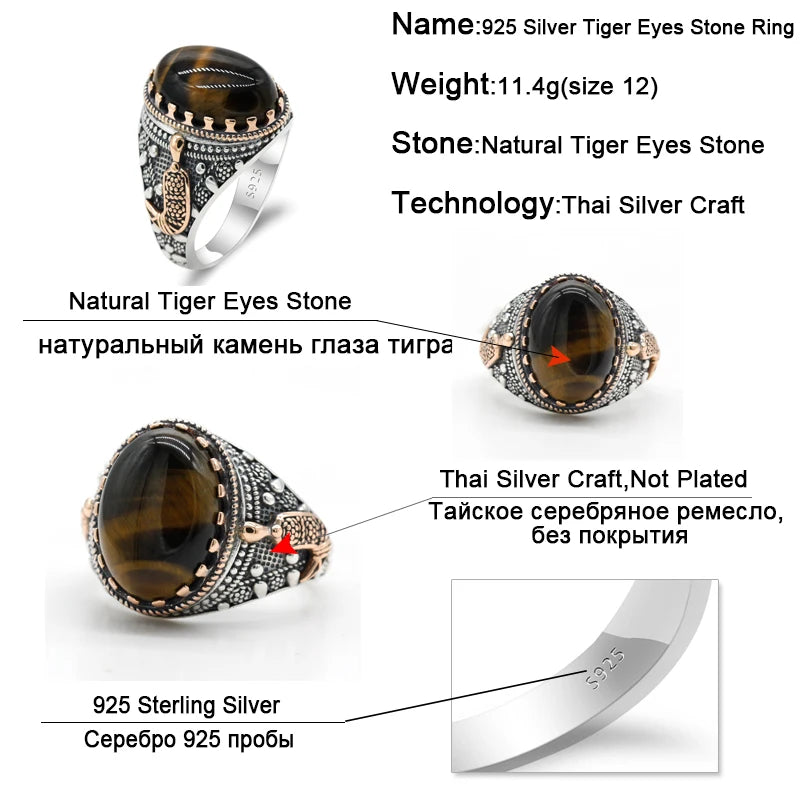 Pure 925 Sterling Silver Men's Ring Natural Tiger Eyes Stone Drip Gold Anchor Vintage Party RIng Turkey Jewelry Exquisite Ring