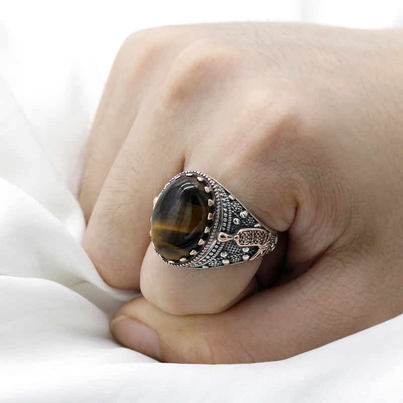 Pure 925 Sterling Silver Men's Ring Natural Tiger Eyes Stone Drip Gold Anchor Vintage Party RIng Turkey Jewelry Exquisite Ring