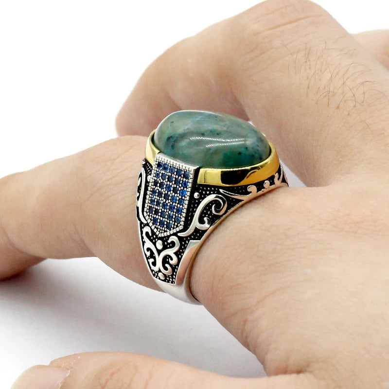 New Seven Color S925 Sterling Silver Antique Türkiye Blue Zircon and Agate Punk Rock Hand made Men's Ring Gift