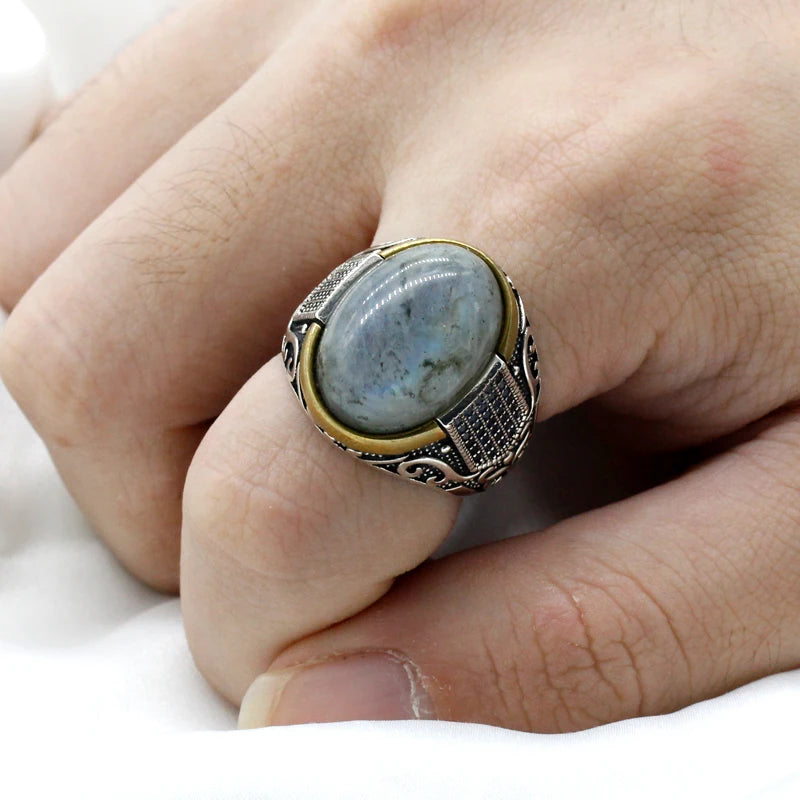 New Seven Color S925 Sterling Silver Antique Türkiye Blue Zircon and Agate Punk Rock Hand made Men's Ring Gift
