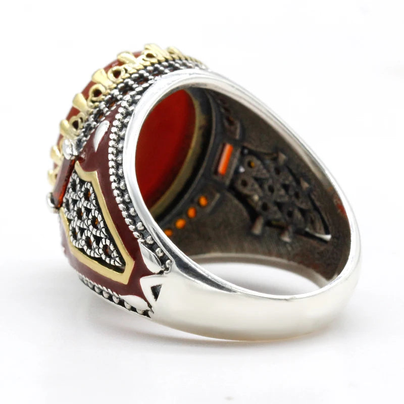 New Natural Red Agate Türkiye Men's 925 Sterling Silver Handmade Ring Aggressive Personality Attends Dinner High Quality Jewelry