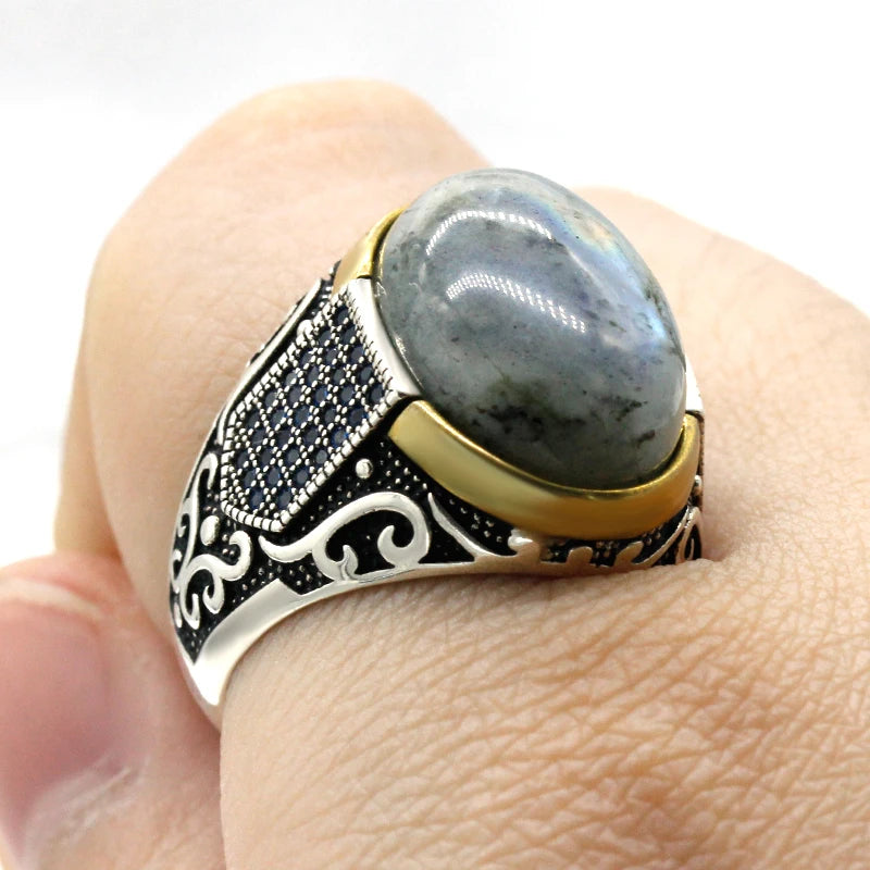 New Seven Color S925 Sterling Silver Antique Türkiye Blue Zircon and Agate Punk Rock Hand made Men's Ring Gift