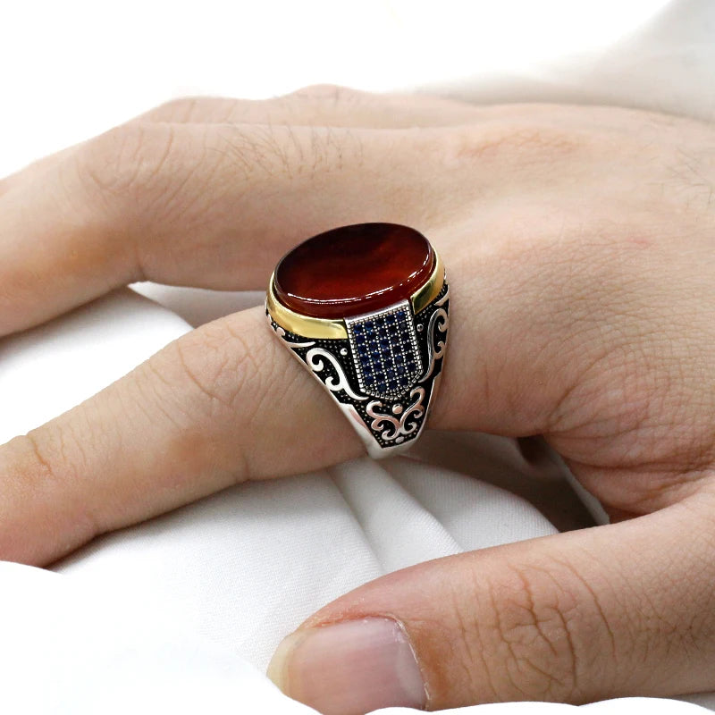 New Seven Color S925 Sterling Silver Antique Türkiye Blue Zircon and Agate Punk Rock Hand made Men's Ring Gift