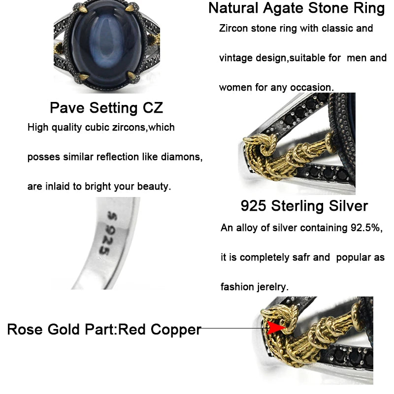 Solid 925 Sterling Silver Men Ring Evil Eyes Natural Agate Stone Parallel Zebra Line Black CZ Punk Style Ring for Men Turkey