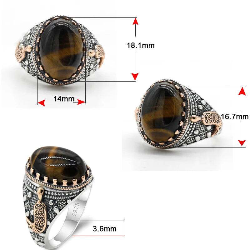 Pure 925 Sterling Silver Men's Ring Natural Tiger Eyes Stone Drip Gold Anchor Vintage Party RIng Turkey Jewelry Exquisite Ring