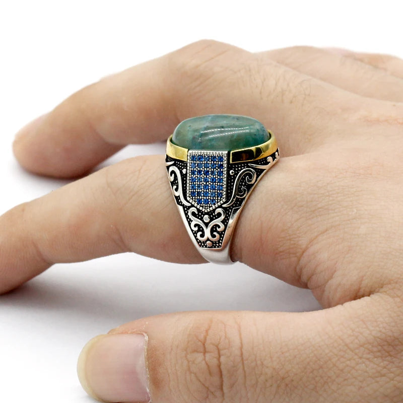 New Seven Color S925 Sterling Silver Antique Türkiye Blue Zircon and Agate Punk Rock Hand made Men's Ring Gift