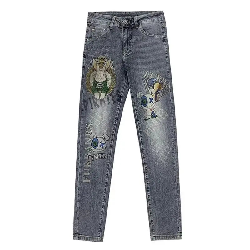 High-end European Korean Men's Slim Fit Jeans with Tiger Diamond Print for Casual Wear Spring Autumn Stretch Luxury Clothing Men