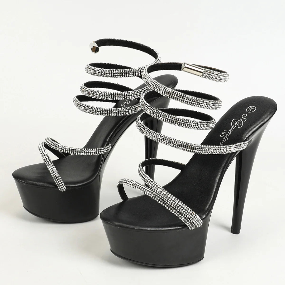 Sexy Ankle Strap Summer Sandals Women Party High Heels Black Platform Bling Diamond Stilettos 15CM Luxury Rhinestone Model Shoes