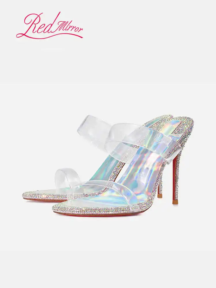 Transparent PVC Rhinestone Women's sandals Red Shiny Bottoms heeled sandals trend 2024 High-heeled slippers Luxury party women