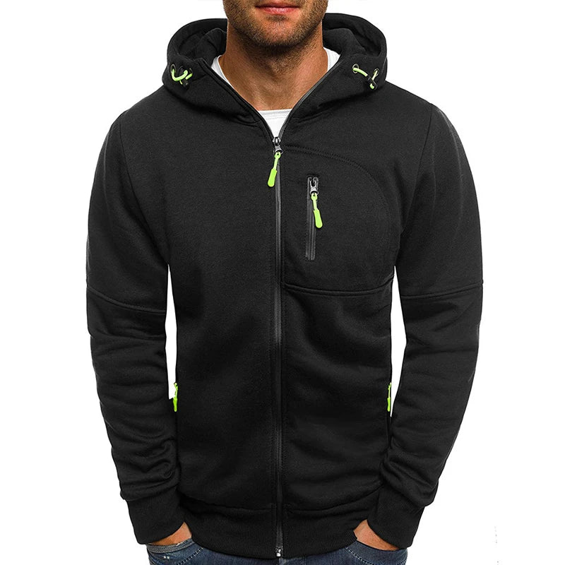 Spring Autumn New Solid Color Hooded Drawstring Long Sleeve Sweatshirts Man Fashion Zipper Pockets Street All-match Cardigan