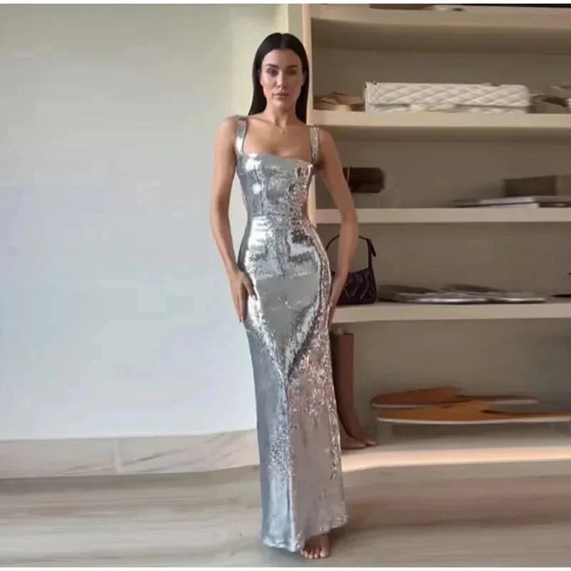 Meshkis Sexy Sling Backless Silvery Maxi Dresses For Women Club Shiny Dress Glittering Sleeveless Robes Evening Party Vestidos