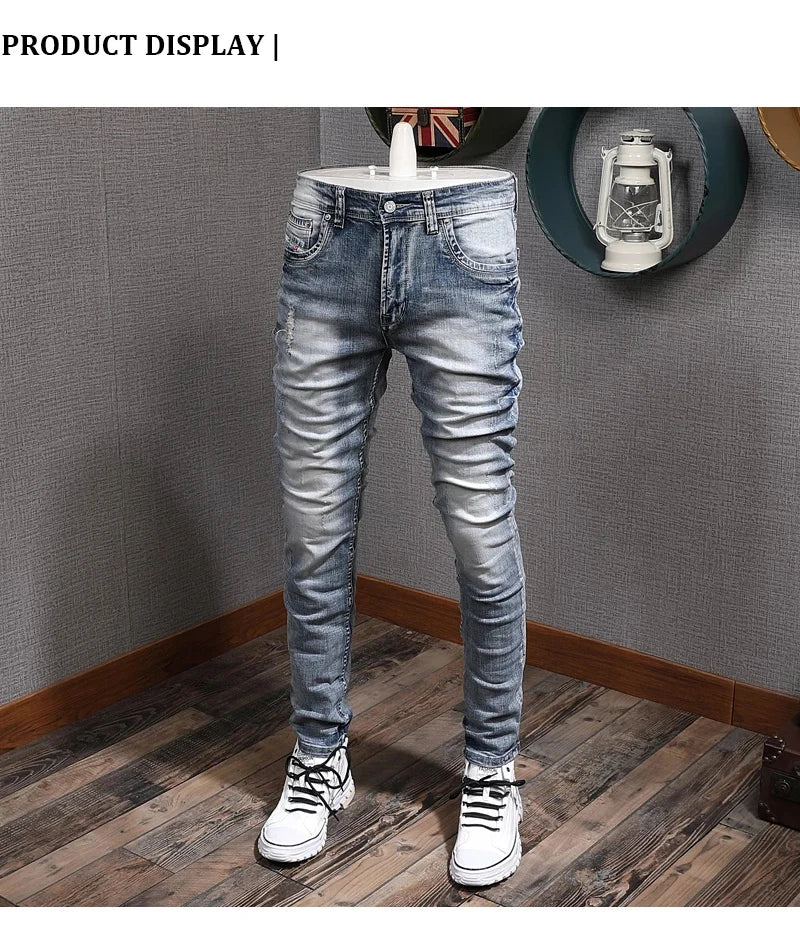Fashion Designer Men Jeans Retro Light Blue Stretch Slim Fit Printed Ripped Jeans Men Hole Trousers Vintage Casual Pants Hombre