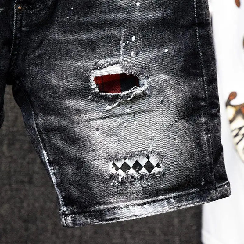 Luxury Brand Designer Clothes Men's Casual Denim Knee-Length Shorts Summer 2024 Fashion Black Patches Paint Jeans Shorts Men