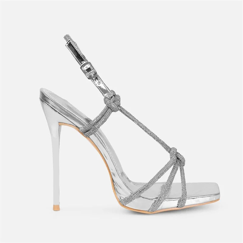 Liyke Sexy Golden Crystal Back Buckle Strap Sandals Women Summer Party Nightclub Stripper Heels Glitter Rhinestones Ladies Shoes