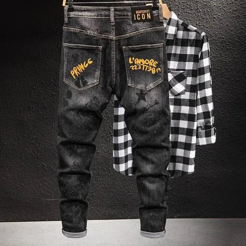 Fashion High-end Korean Luxury Streetwear Punk Casual Slim Fit Denim Jeans for Spring and Autumn with 3D Embroidery Design Jeans