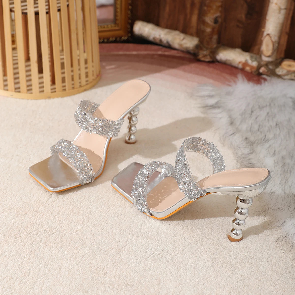 Aneikeh Sexy Silver Sequin rhinestone PVC Slippers For Women Square Toe Strange High Heels Sandals Summer Fashion Party Shoes