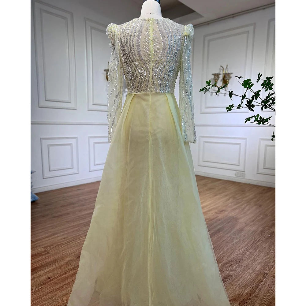Serene Hill Muslim Blue Mermaid Over Skirt Evening Dresses Beads Puff Shoulder Prom Formal Gowns 2024 For Women Party LA72030