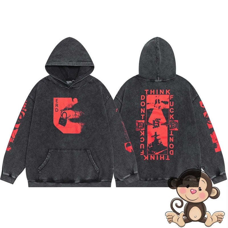 Retro washed black ERD hoodie loose casual men's and women's sportswear