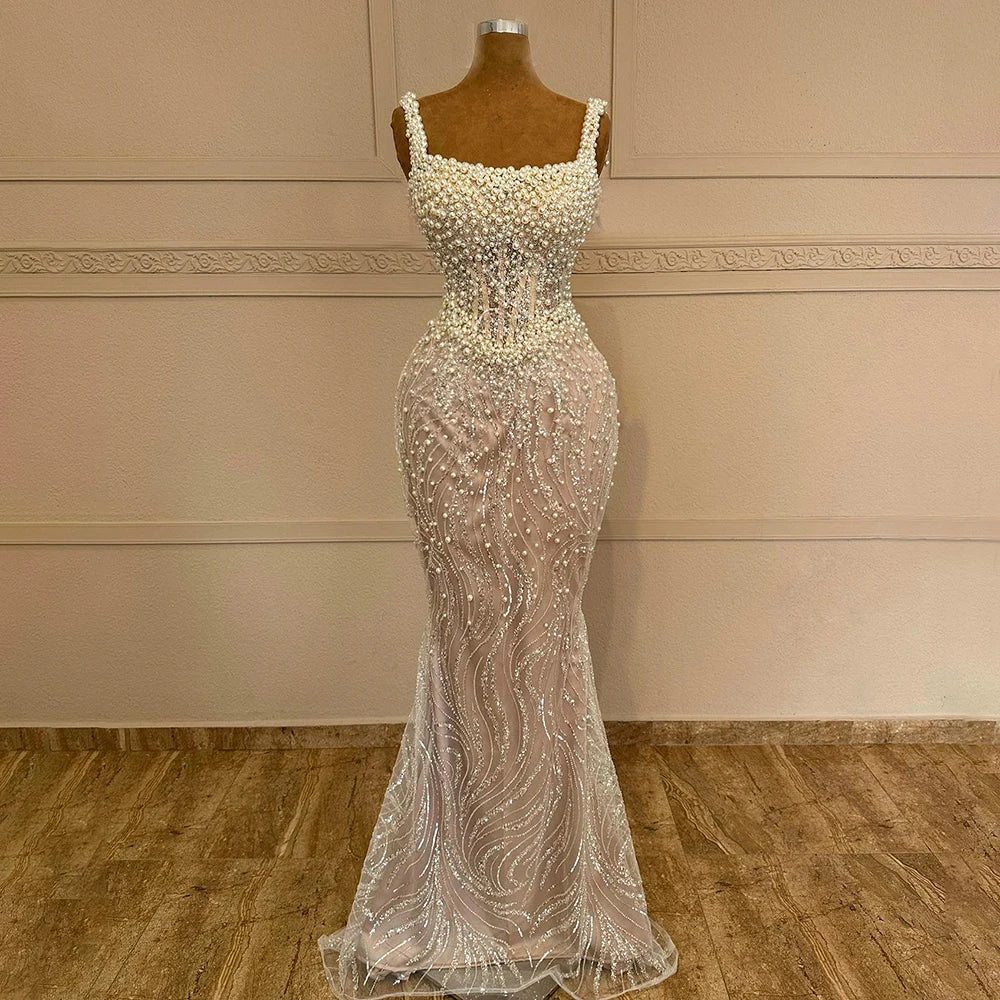 Serene Hill White Nude Spaghetti Strap Mermaid Evening Dresses Gowns Luxury Pearls Beaded For Women Wedding Party 2024 LA72266
