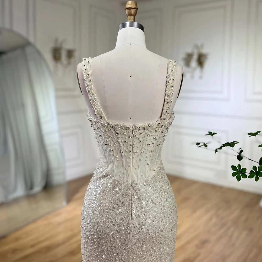 Serene Hill Beige Mermaid Floor Length Evening Gowns Luxury Beaded Crystal Spaghetti Strap Party Drsses For Women 2024 LA72163