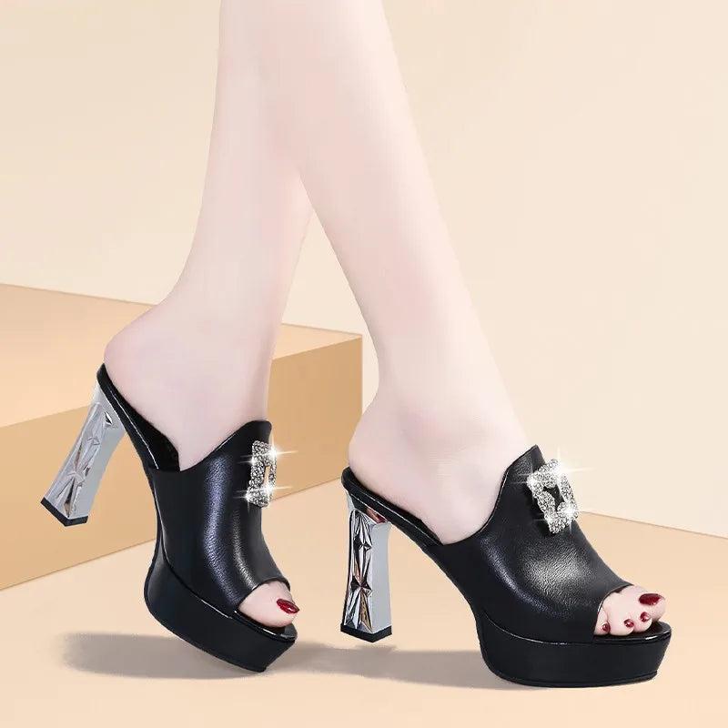 Summer Fish Mouth Block Heel Sandals Women's Platform Platform Rhinestone Sexy High Heeled Sandals Womens Shoes