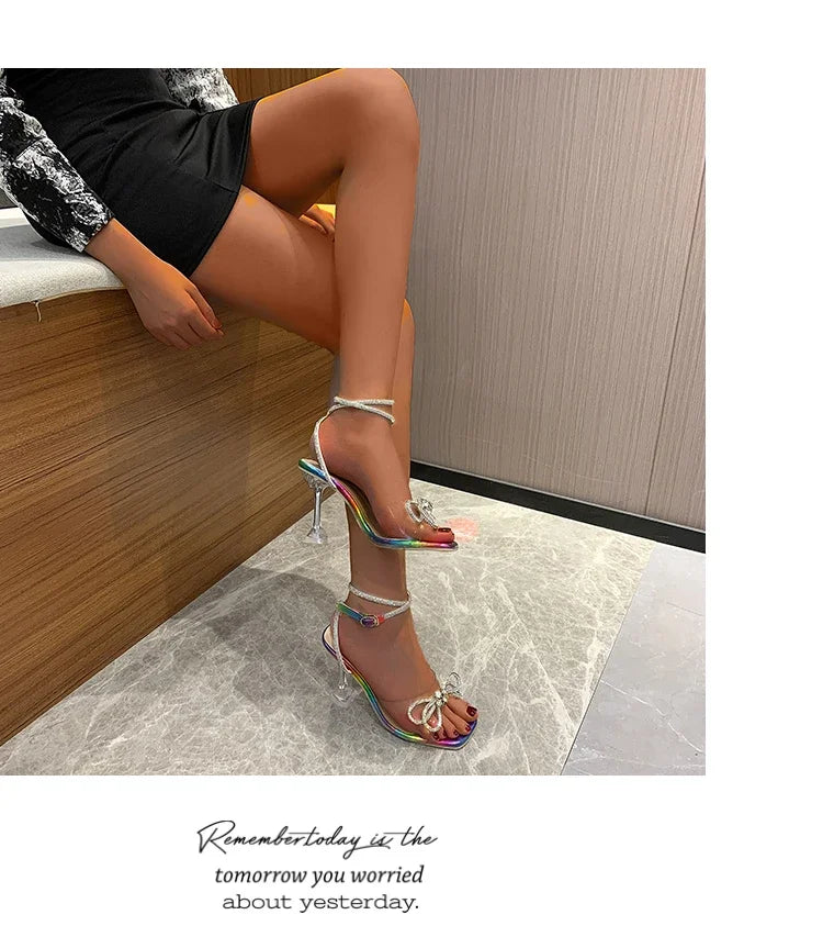 Sexy Rhinestone Bowknot Women's Sandals Jelly Transparent High Heels Summer Ankle Buckle Strap Party Shoe