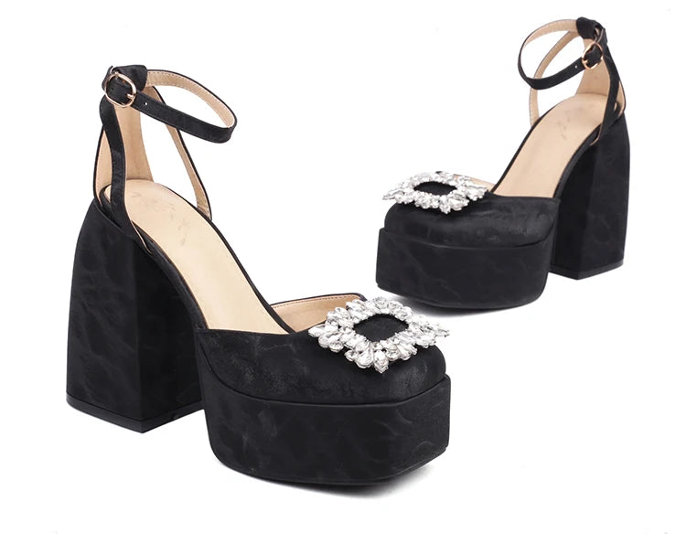 Plus Size Square Toe Super High Thick Heel Rhinestone Decal Hollow Sexy Women's Sandals Satin Fabric Ankle Strap Platform Sandal