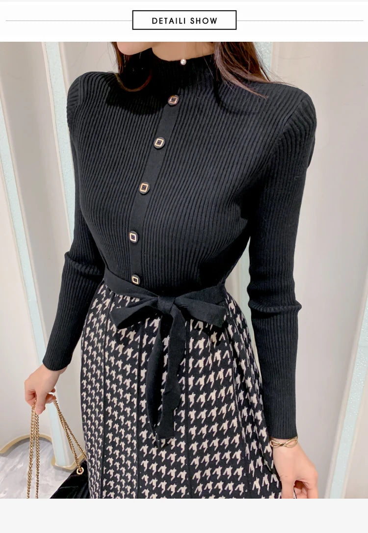 Korean Elegant Knitted Plaid Patchwork Midi Dress for Women Long Sleeve O-neck Bird Lattice Bow Pleated Dress Autumn Winter 2023
