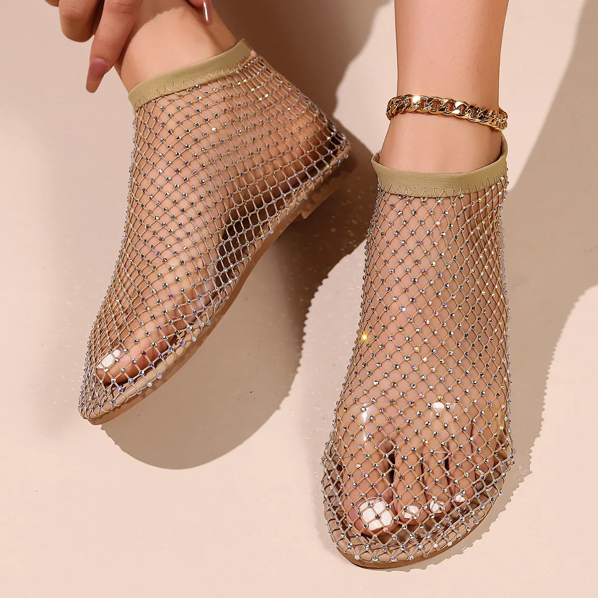 Shiny Mesh Low Heel Sandals Woman Summer Flats Luxury Crystal Woman Shoes Stretchy Sexy Rhinestone Cold Boots Sandalias Mujer