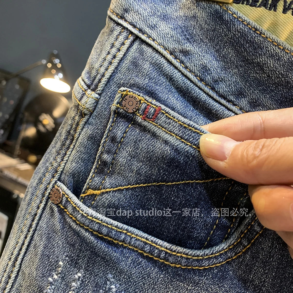 Light Luxury Jeans for Men 2024 Autumn Retro Distressed Casual Trousers Fashion Street Skinny Denim Pants