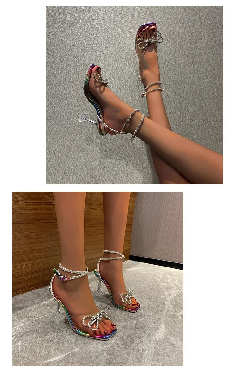 Sexy Rhinestone Bowknot Women's Sandals Jelly Transparent High Heels Summer Ankle Buckle Strap Party Shoe