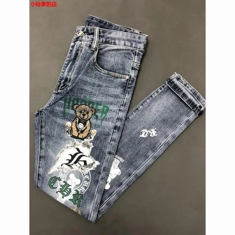 New Arrival Slim Fit Denim Jeans Cute Cartoon Bear Print for Men's Casual Spring Autumn Stretch Slim Jeans Hombre Graphic Jeans