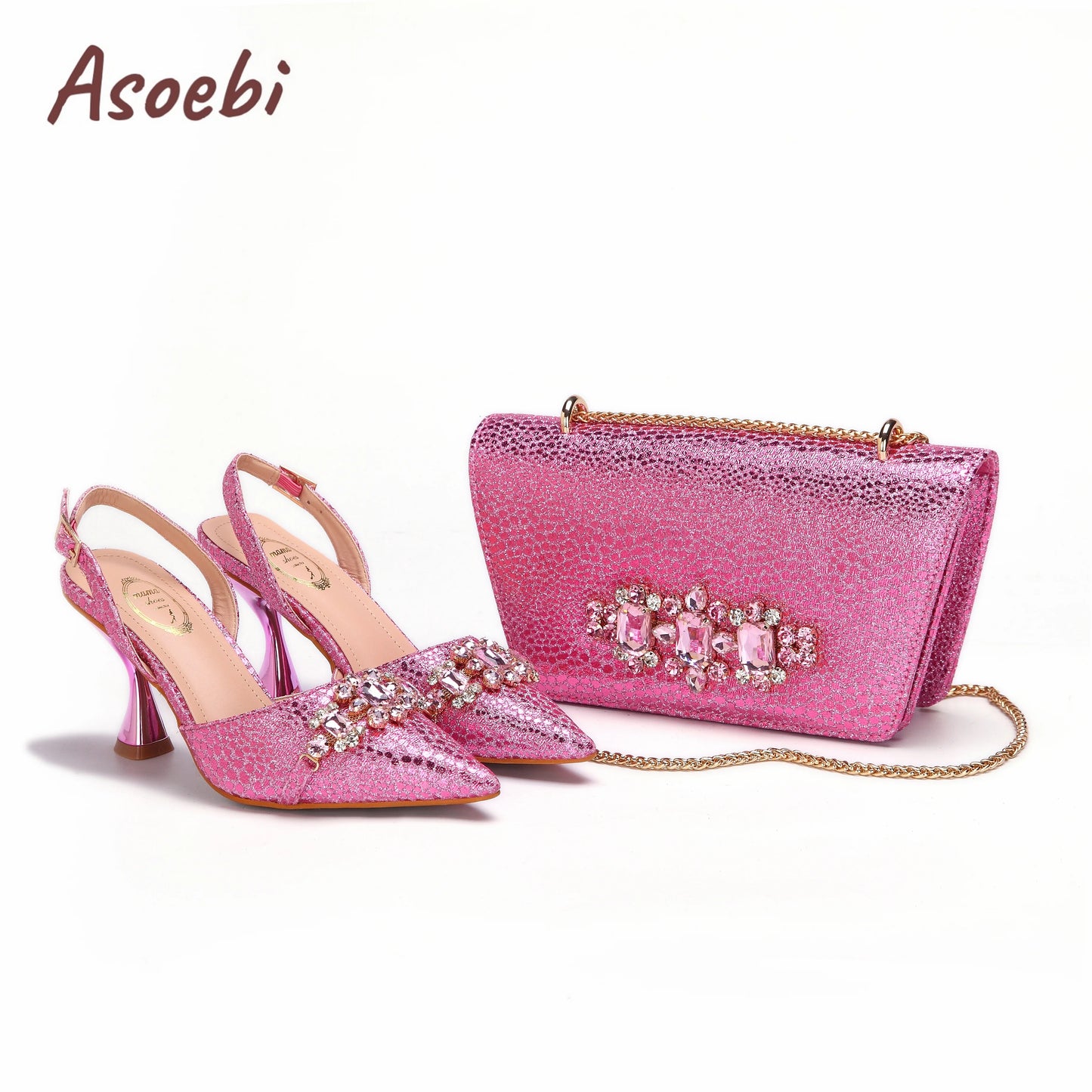 Pink Color Sandals for Women 2024 Luxury Wedding Pumps High Heels Rhinestone Design Party Shoes and Bags Set for Wedding Party