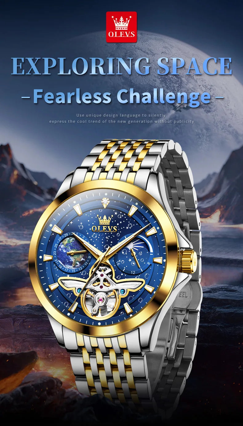 OLEVS Luxury Brand Men's Watches Luminous Waterproof Fully Automatic Mechanical Watch Starry Sky Dial Moon Phase Hollow Out
