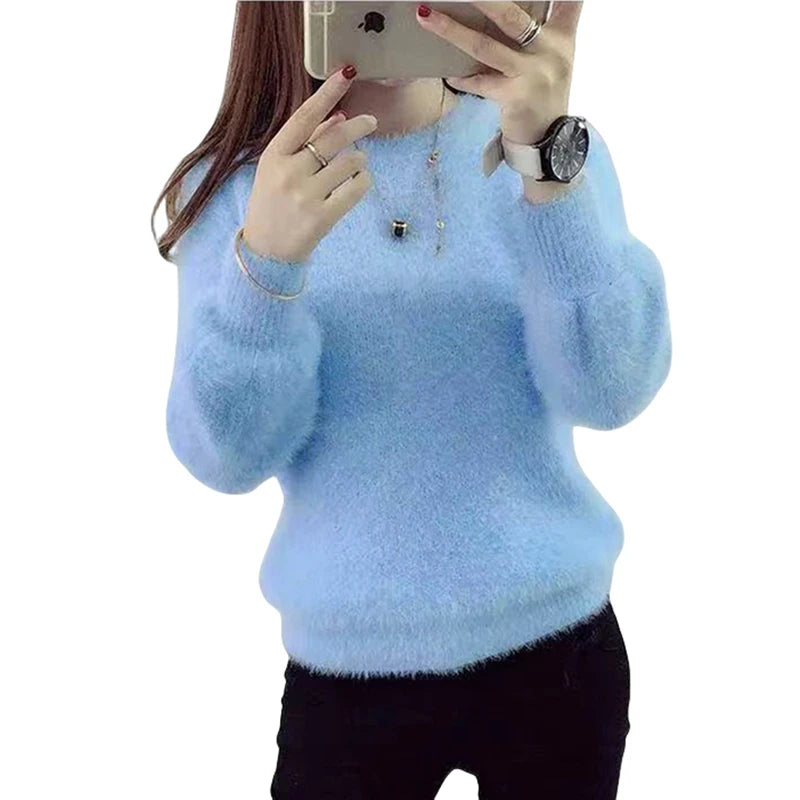 Winter Imitate Mink Wool Hot Flecing Long Puff Sleeve Female O-neck Elastic Casual Sweater Women Knitted Tops Pullovers Solid