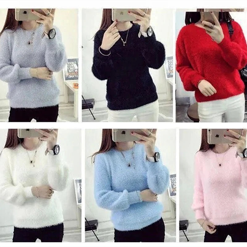Winter Imitate Mink Wool Hot Flecing Long Puff Sleeve Female O-neck Elastic Casual Sweater Women Knitted Tops Pullovers Solid