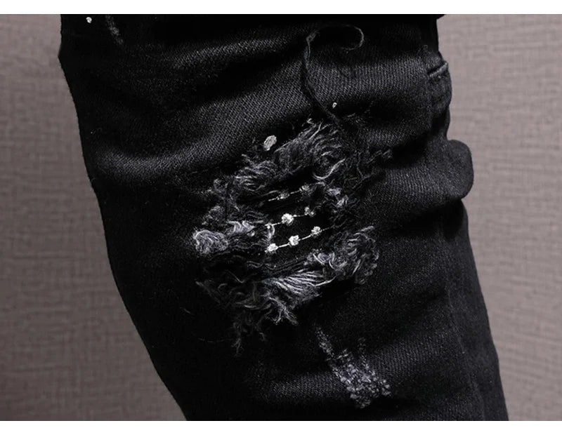 Streetwear Fashion Men Jeans Black Color Stretch Elastic Slim Fit Painted Ripped Jeans Men Patch Designer Hip Hop Pants Hombre