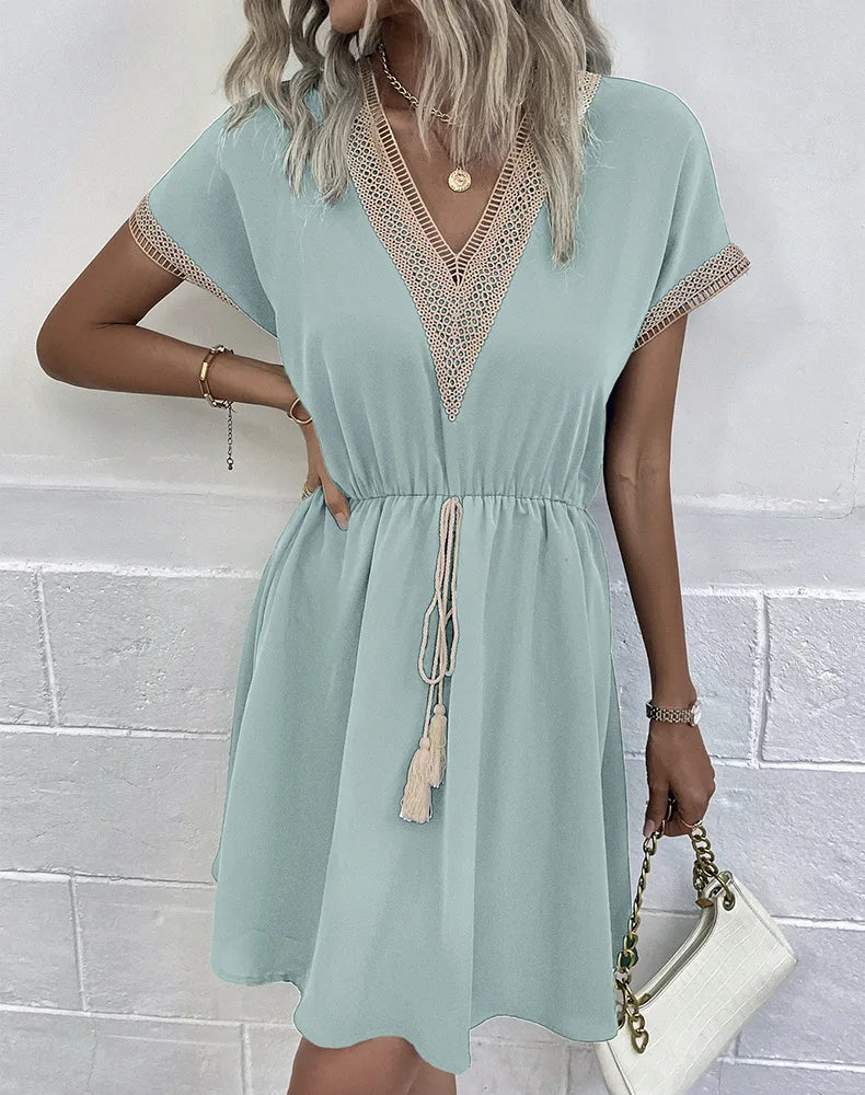 High Quality Dress Women Summer 2024 Casual Hollow Lace Patchwork V-neck Short Dress Tassels Tied Waist Belt Vintage Vestido Y2k