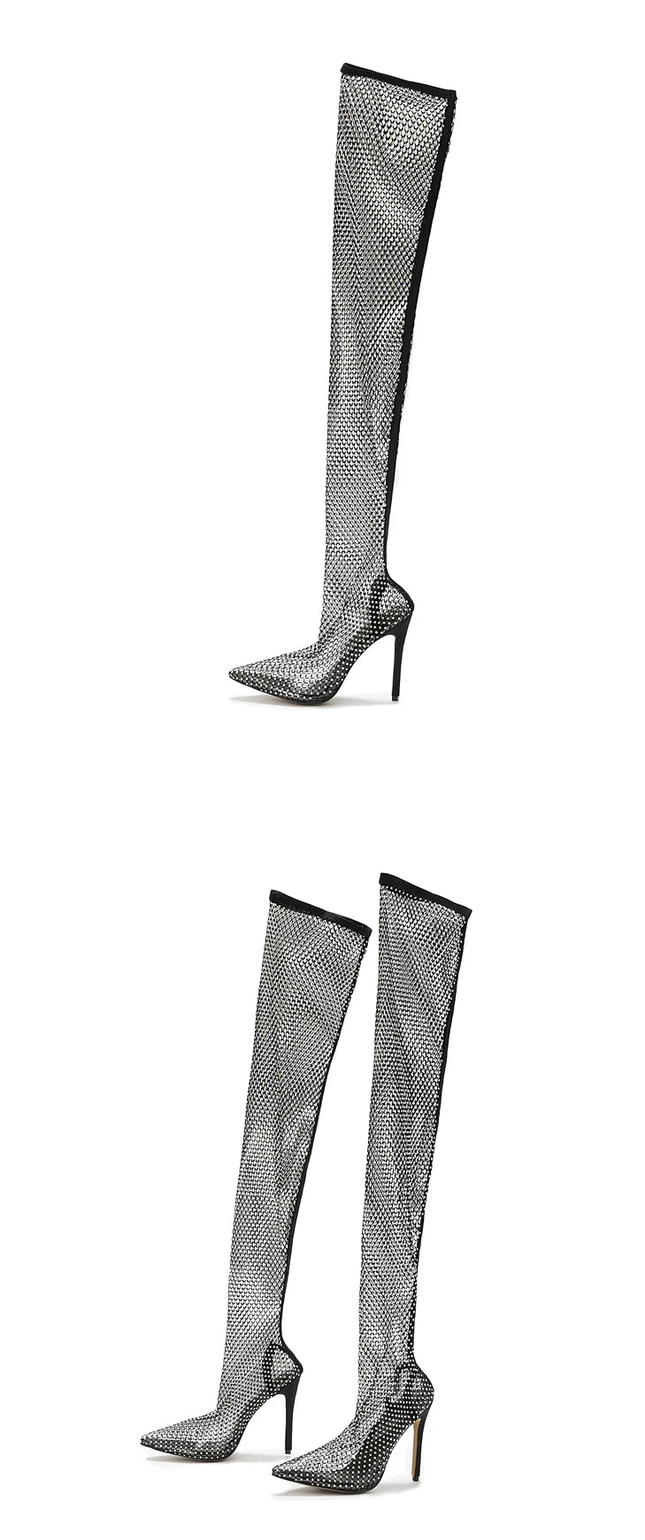 Aneikeh Sexy Bling Rhinestone Mesh Shoes Over The Knee Boots Women Pointed Toe Sandals Nightclub High Heels Botas Femininas 2024