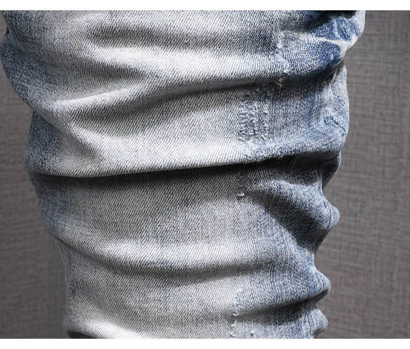 Fashion Designer Men Jeans Retro Light Blue Stretch Slim Fit Printed Ripped Jeans Men Hole Trousers Vintage Casual Pants Hombre