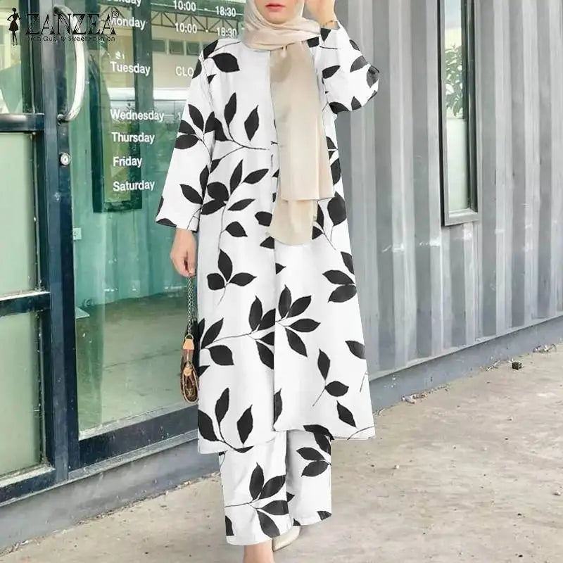 ZANZEA Vintage Women Long Sleeve Blouse Pant Sets 2PCS Floral Printed Loose Abayas Turkey Kaftan Casual Fall Muslim Trouser Suit