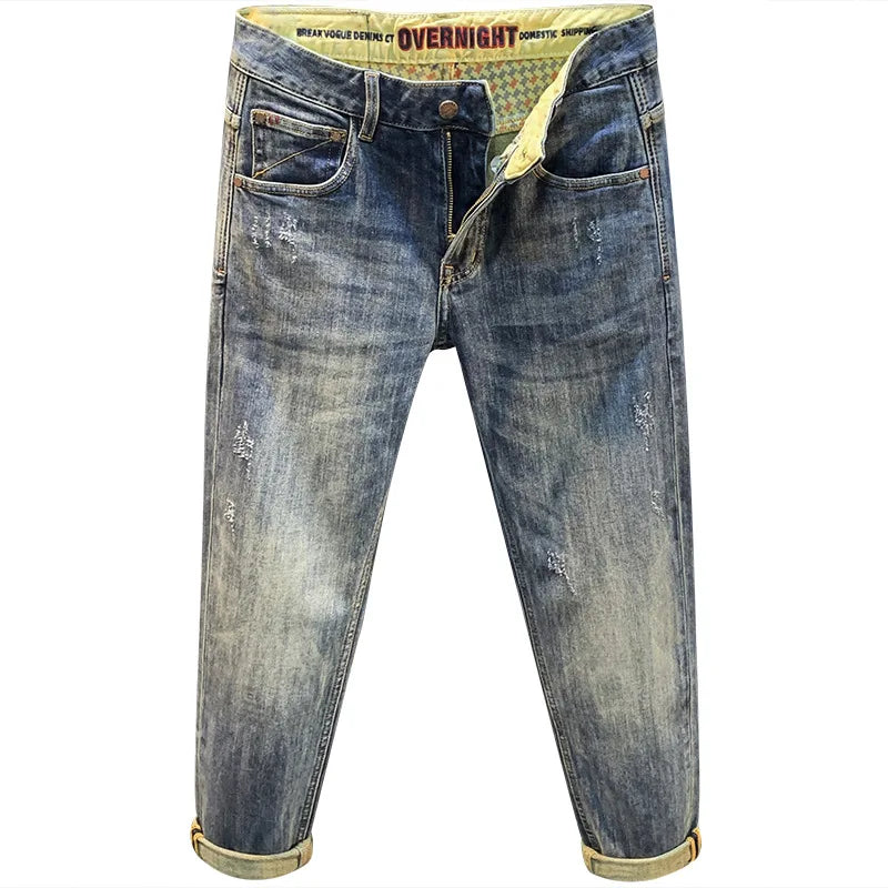 Light Luxury Jeans for Men 2024 Autumn Retro Distressed Casual Trousers Fashion Street Skinny Denim Pants
