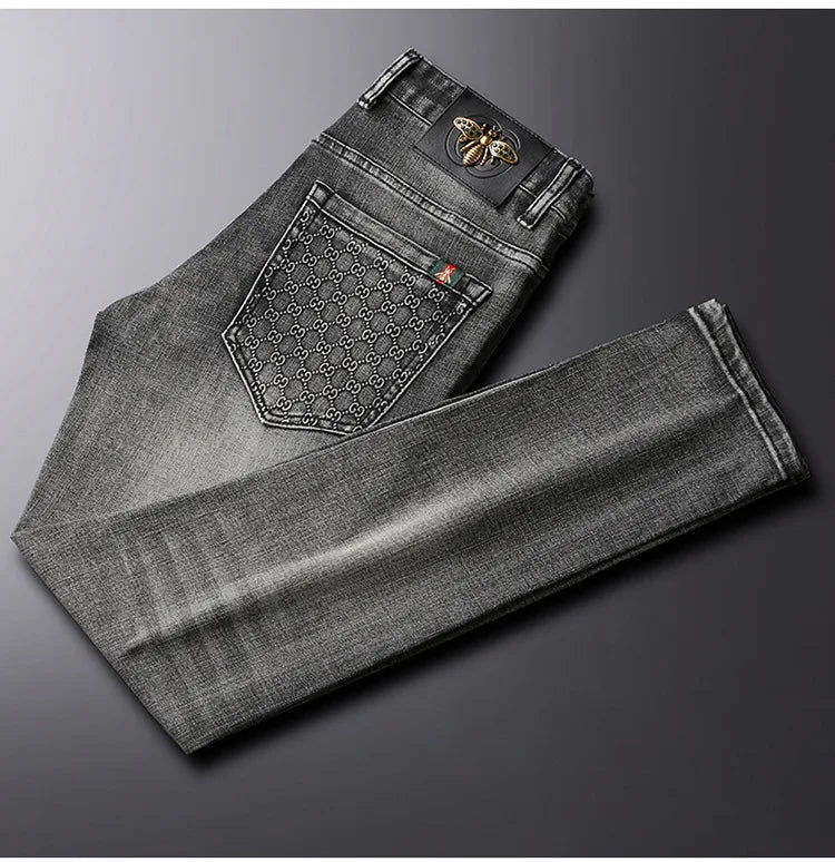 Smoky gray jeans men's affordable luxury fashion stretch slim-fitting small straight street trend high-end quality denim pants