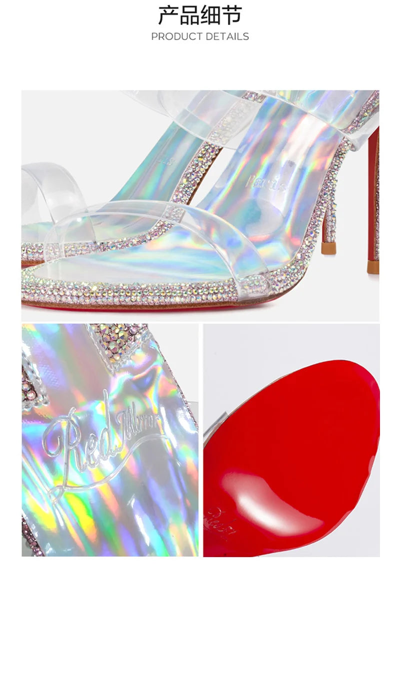 Transparent PVC Rhinestone Women's sandals Red Shiny Bottoms heeled sandals trend 2024 High-heeled slippers Luxury party women