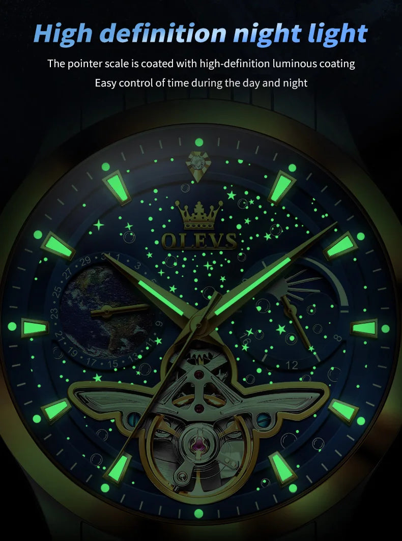 OLEVS Luxury Brand Men's Watches Luminous Waterproof Fully Automatic Mechanical Watch Starry Sky Dial Moon Phase Hollow Out