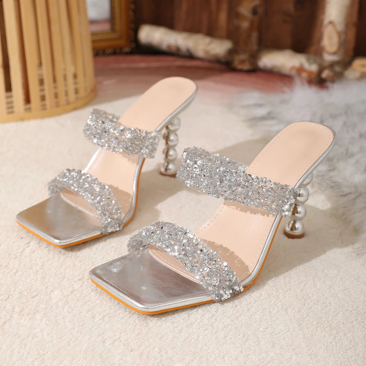 Aneikeh Sexy Silver Sequin rhinestone PVC Slippers For Women Square Toe Strange High Heels Sandals Summer Fashion Party Shoes