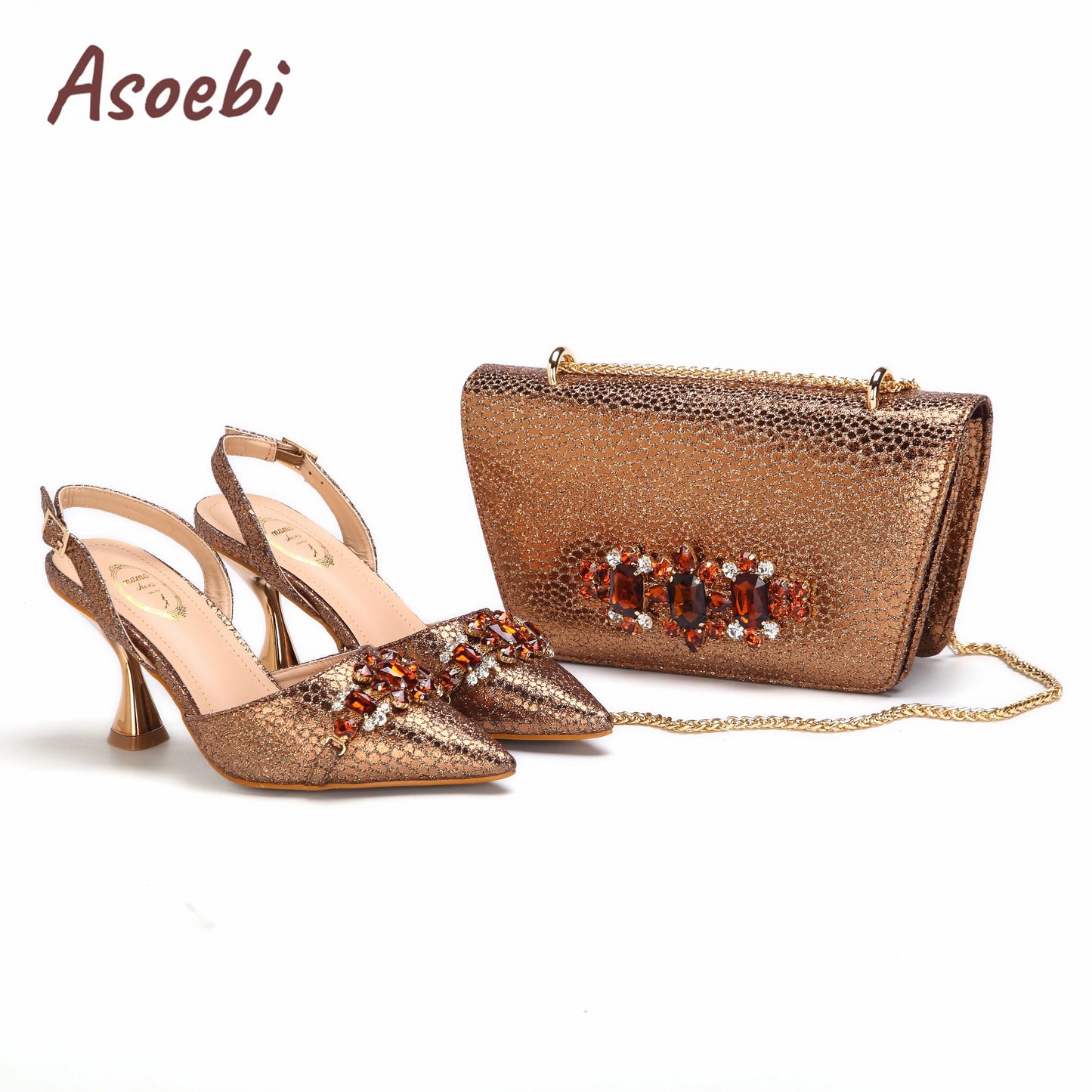 Gold Sandals for Women 2024 Luxury Wedding Pumps High Heels Rhinestone Design Party Shoes and Bags Set for Wedding Party