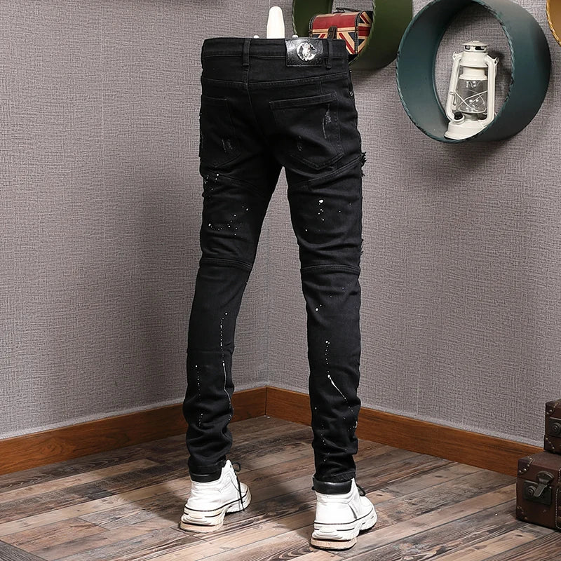 Streetwear Fashion Men Jeans Black Color Stretch Elastic Slim Fit Painted Ripped Jeans Men Patch Designer Hip Hop Pants Hombre